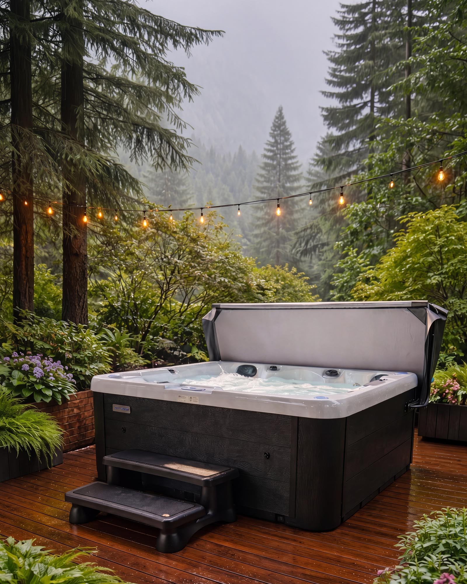 Northern Leisure hot tub on a Vaughan backyard deck steaming in winter